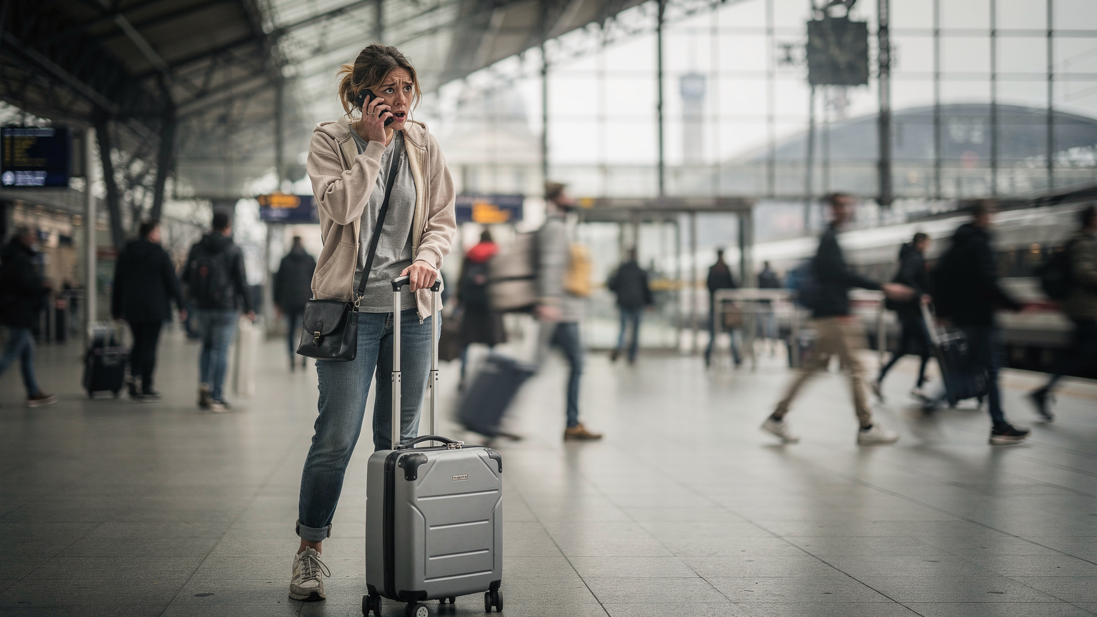 A traveler looking stressed and frustrated while trying to connect their phone, standing near a train station in a foreign city with luggage at their feet, conveying a 'problem moment'.