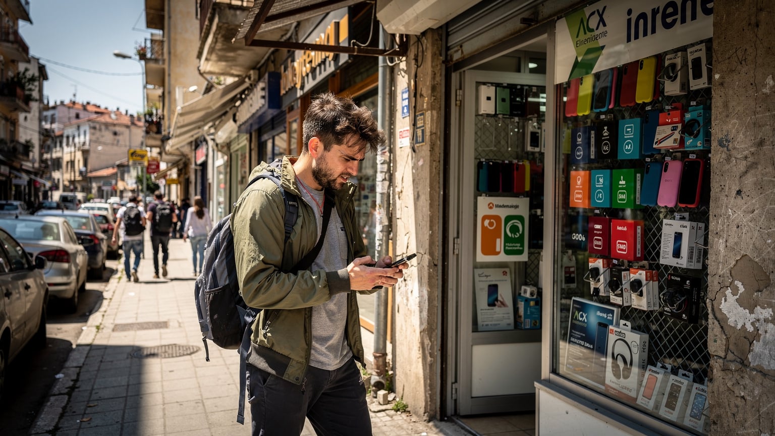 En forvirret rejsende kigger på et skilt foran en mobilbutik i Tirana, mens han forsøger at vælge mellem forskellige SIM-kortpakker.