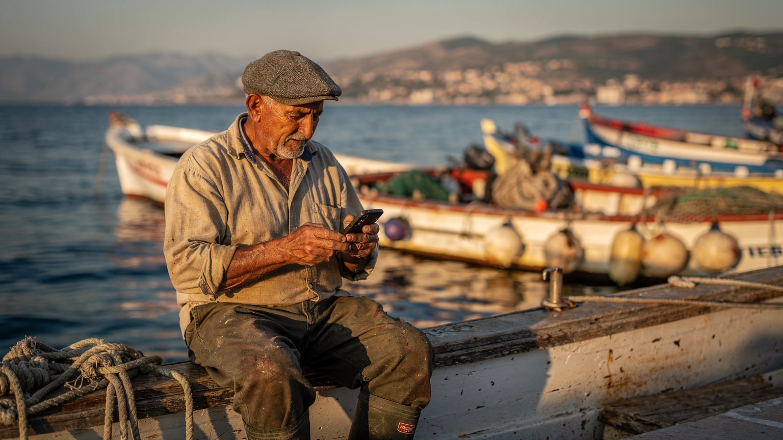 En lokal fisker tjekker sin telefon på kajen i Sarandë, mens solen går ned over det Ioniske Hav.