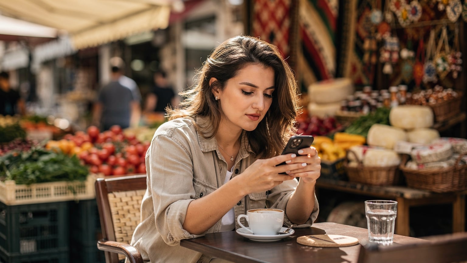 En kvinde sidder på en café i Tiranas Pazari i Ri-kvarter, fordybet i sin smartphone, der viser en digital rejseguide, med friske grøntsager og lokale produkter i baggrunden.