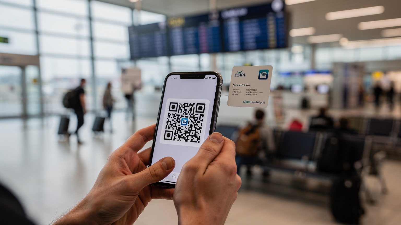 Detailný záber na ruky cestovateľa skenujúceho QR kód eSIM na svojom telefóne v letiskovej hale, s batožinou v pozadí.