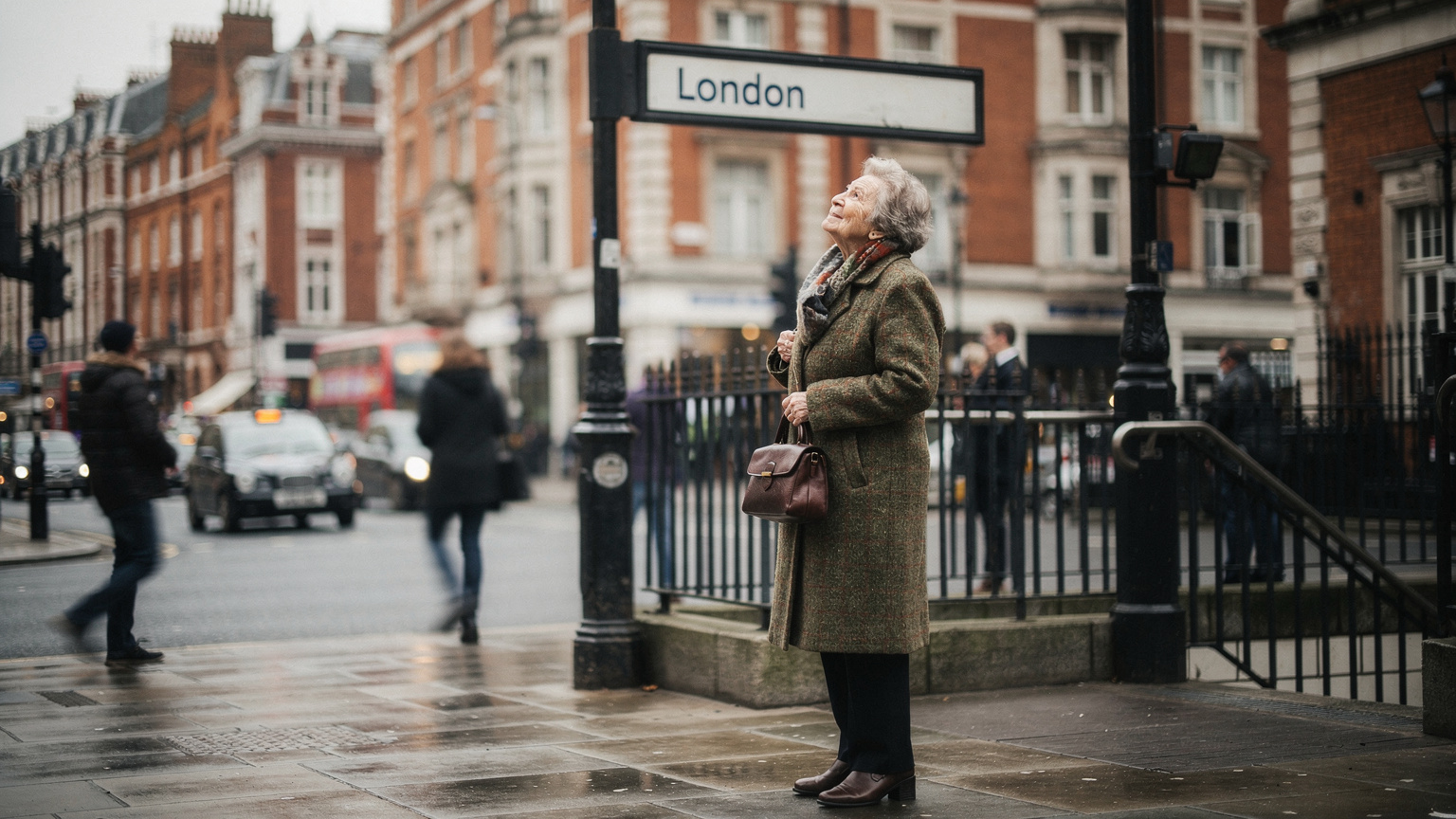 Una donna anziana londinese consulta un cartello stradale tradizionale con l'inconfondibile carattere Transport for London, mentre i passanti le sfilano accanto.
