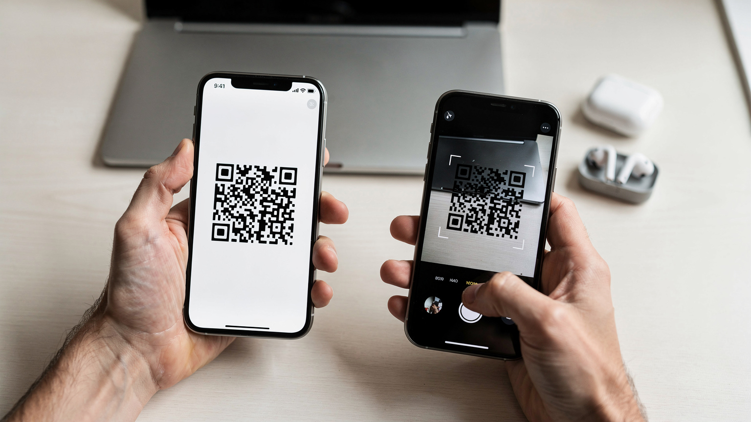 Mani di un professionista che scansionano un codice QR da un altro smartphone per attivare un'eSIM, su una scrivania ordinata con un laptop e accessori tecnologici.