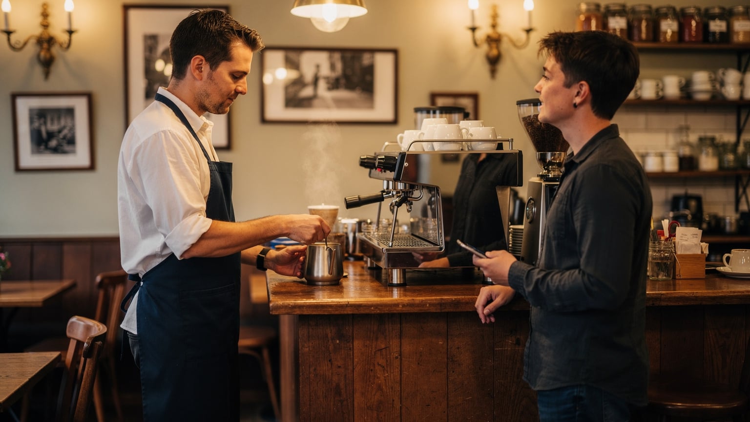 Interno di un tradizionale caffè londinese, con un barista al lavoro dietro il bancone e un cliente in attesa, che evoca l'atmosfera vivace e accogliente.