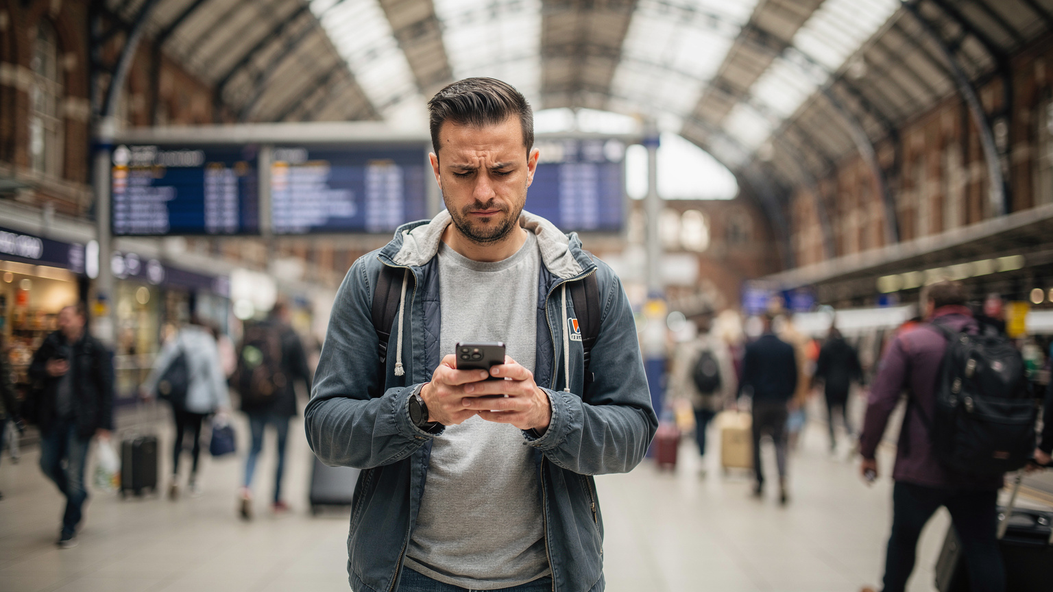 Un viaggiatore esamina il suo telefono con un'espressione di disagio nella trafficata stazione di King's Cross a Londra, simboleggiando la frustrazione della connettività.