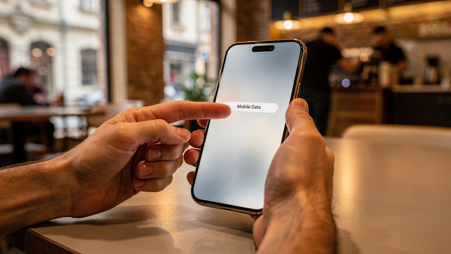 Изображение отблизо на ръце, които държат iPhone 18 и докосват екрана, за да изберат опция за настройка на мобилни данни, в модерно кафене в центъра на Букурещ, Румъния.