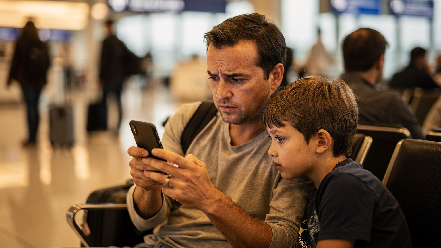 A frustrated parent at an airport gate, looking at their phone screen with a worried expression, while their child looks over their shoulder, hinting at a connectivity problem during family travel.