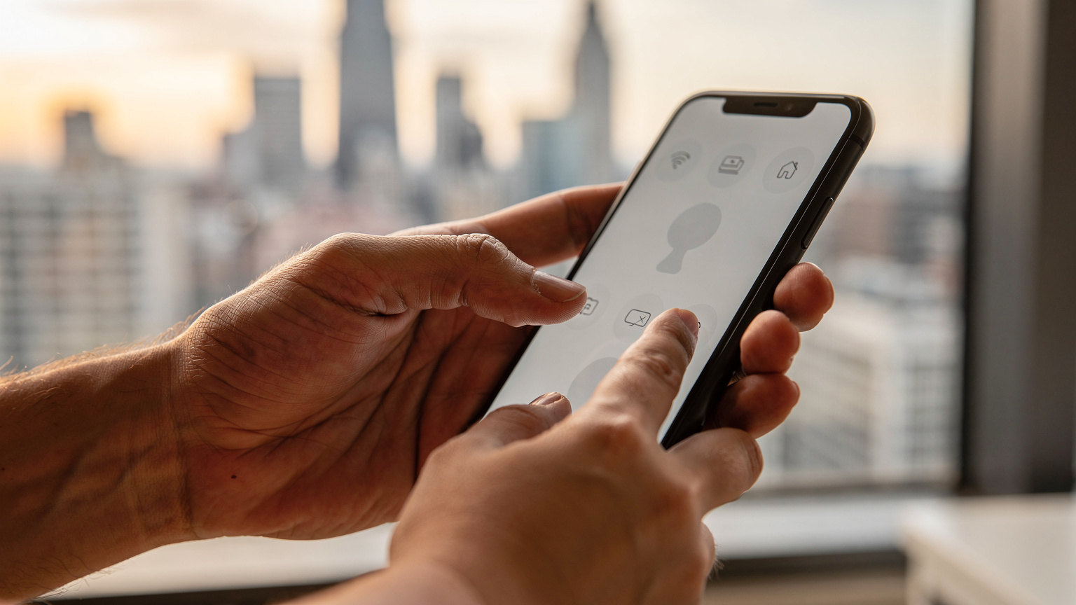 A close-up of a parent's hands gently guiding a child's finger on a smartphone screen, illustrating the process of setting up an eSIM, with a blurred US cityscape in the background.