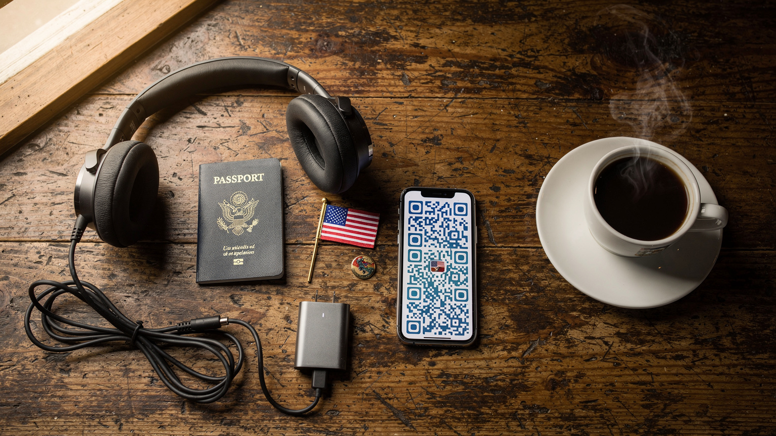 An overhead flat-lay of travel essentials on a cafe table in the USA: a passport, a smartphone displaying an eSIM QR code, noise-cancelling headphones, and a small US flag souvenir, alongside a cup of coffee.