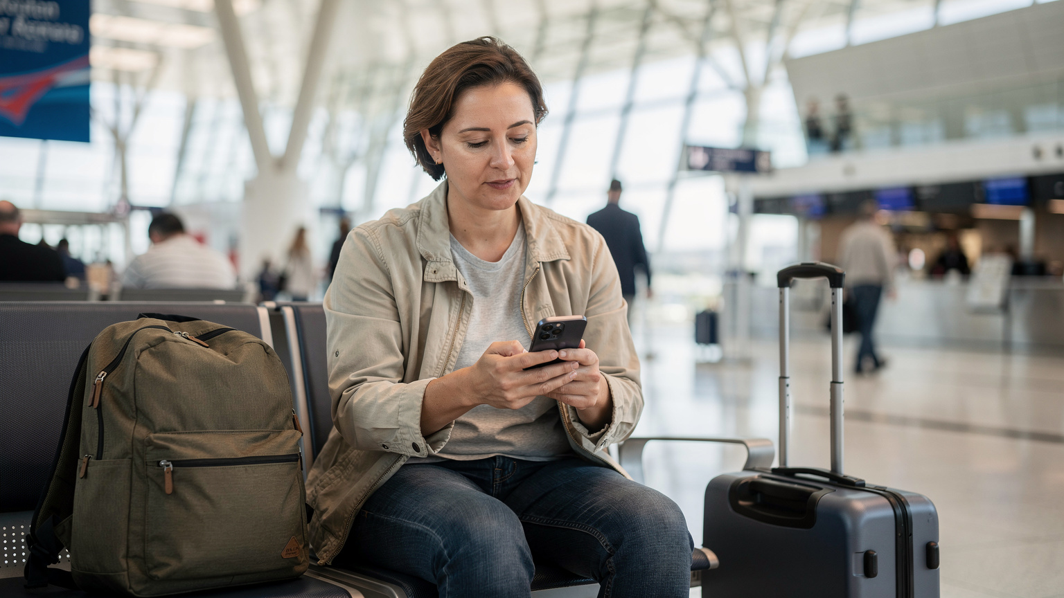 A parent calmly setting up an eSIM on their smartphone in a bustling US airport terminal, with luggage nearby, ready for family travel.