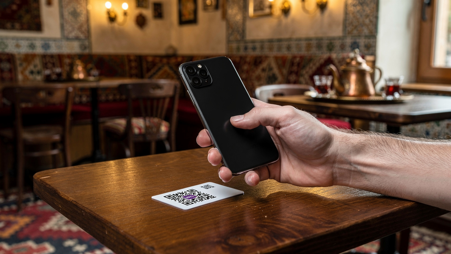 Ένα χέρι χρησιμοποιεί ένα smartphone για να σκανάρει έναν κωδικό QR για eSIM, με φόντο έναν παραδοσιακό τουρκικό καφενείο, γεμάτο με ξύλινα έπιπλα και χαλιά.