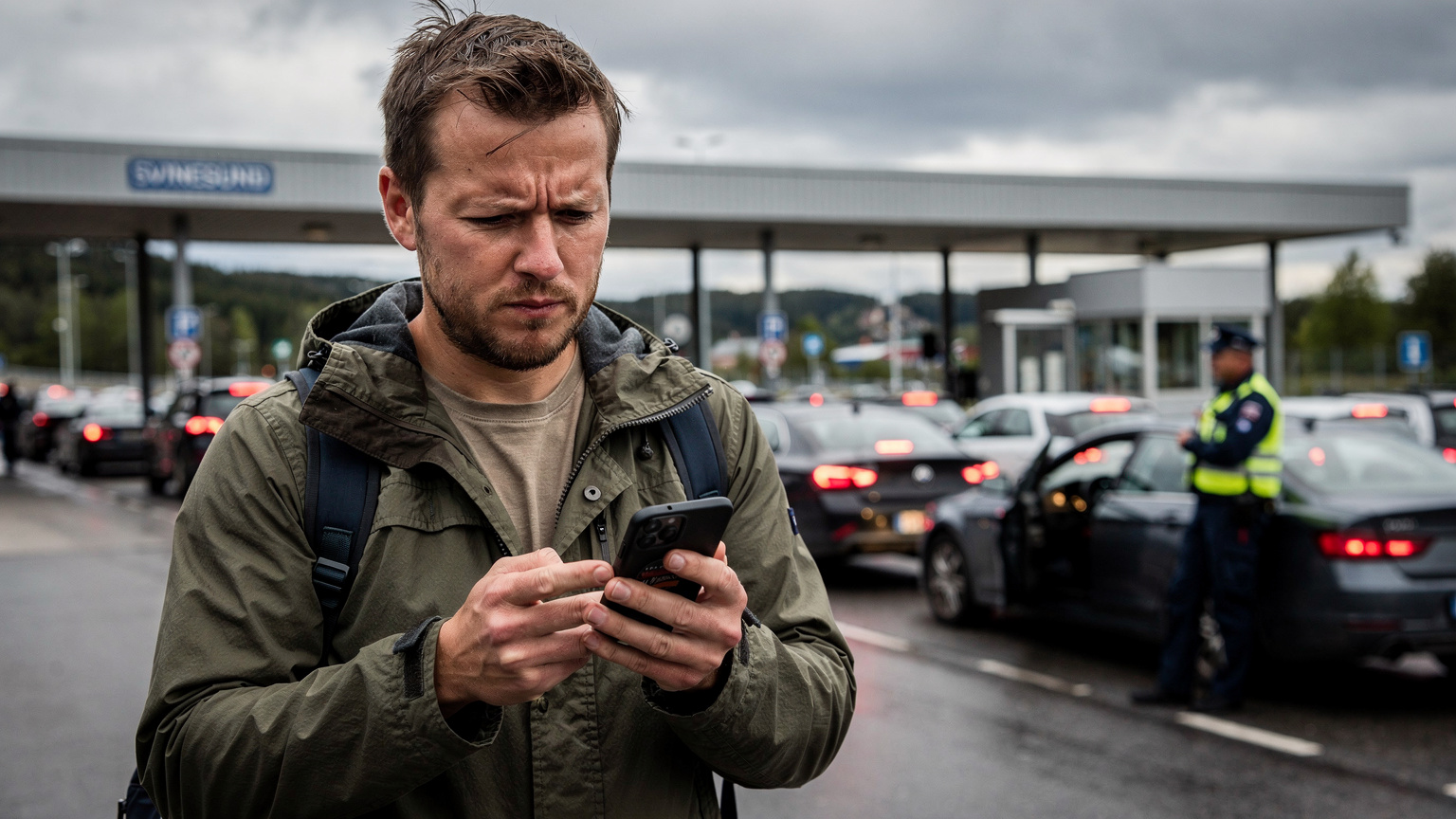 En travel grensekontroll i Svinesund, med biler som passerer og en tollbetjent som sjekker dokumenter. En reisende i forgrunnen ser litt stresset ut mens han holder telefonen.