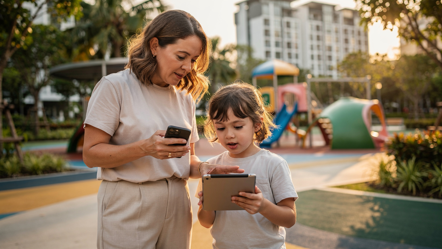 Seorang ibu sedang membantu anaknya menyambungkan tablet ke hotspot telefon di sebuah taman permainan di Punggol Waterway Park, Singapura, menunjukkan penggunaan data keluarga.