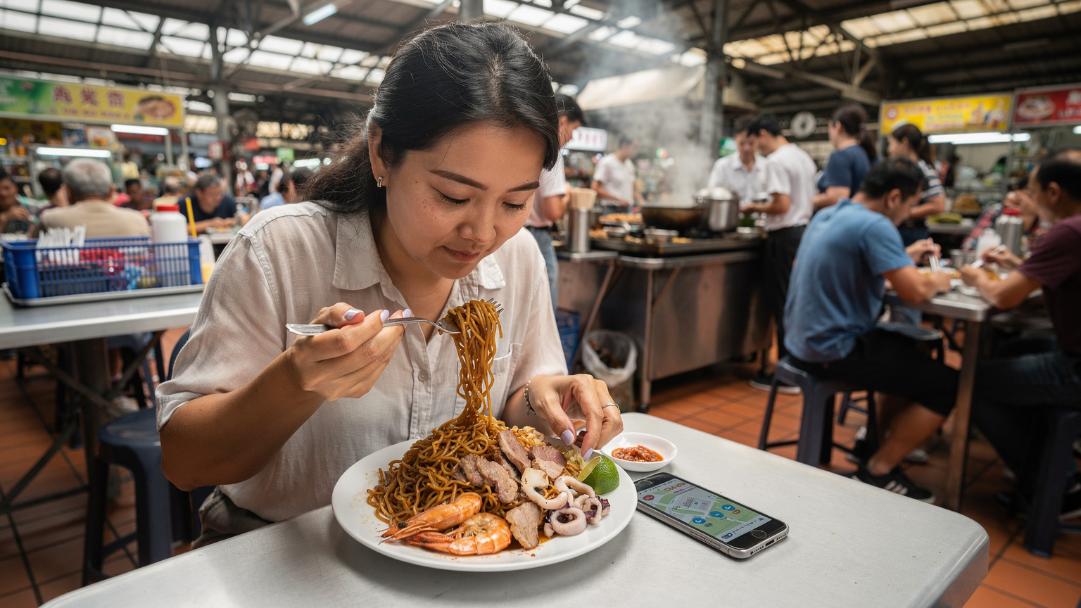 Seorang pengembara sedang menikmati hidangan Hokkien Mee di sebuah gerai di Tiong Bahru Market, dengan telefon pintarnya di sebelah untuk rujukan navigasi.