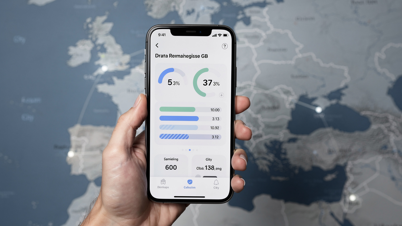 Eine Hand hält ein Smartphone mit der Cellesim-App, die den Status eines eSIM-Datenpakets und das verbleibende Datenvolumen anzeigt. Im Hintergrund eine verschwommene Karte von Europa.