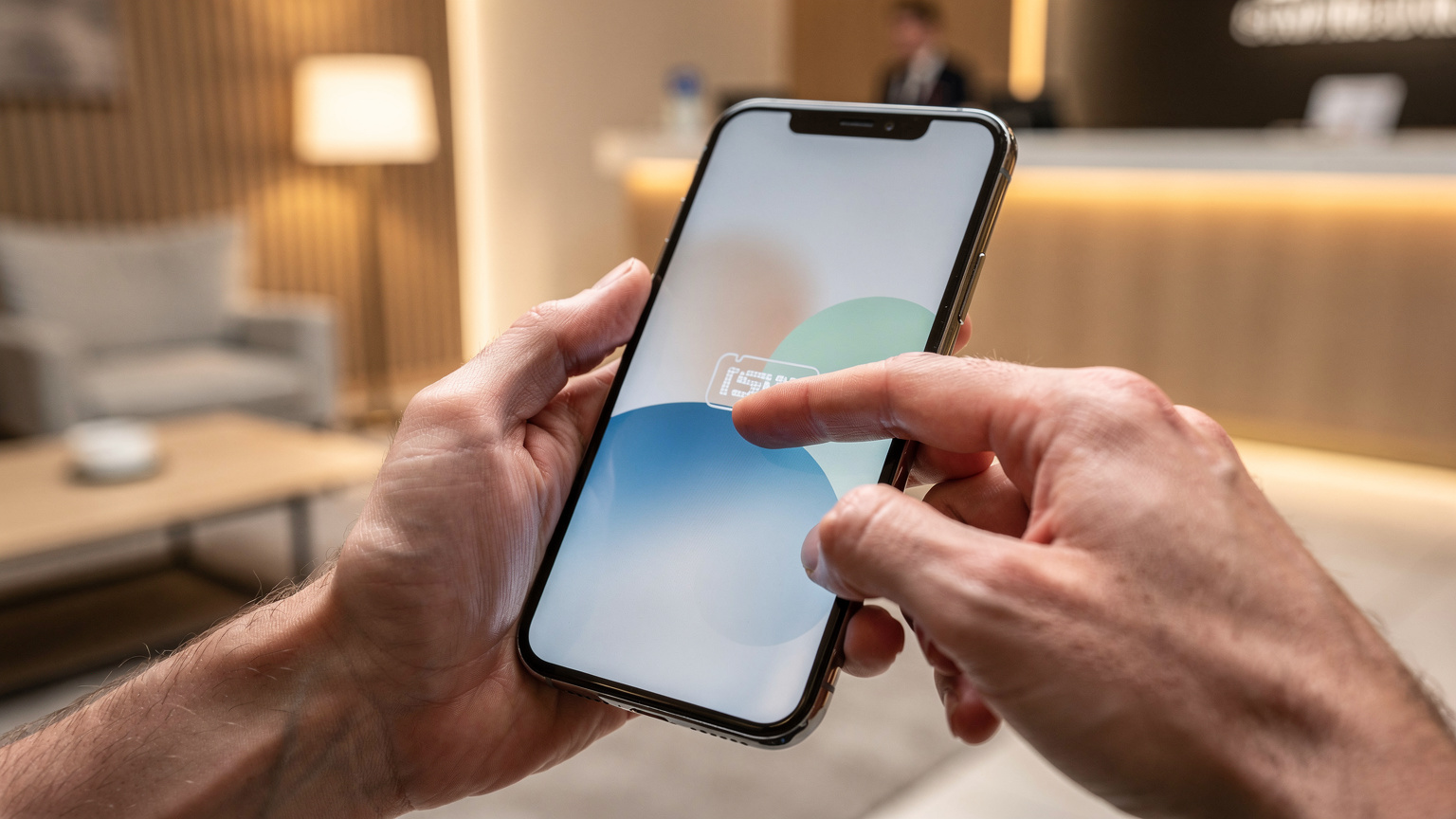 Nahaufnahme der Hände eines Reisenden, der sein Smartphone hält und eine eSIM-App verwendet, um ein Datenpaket zu aktivieren. Im Hintergrund ist eine verschwommene Hotellobby zu sehen.
