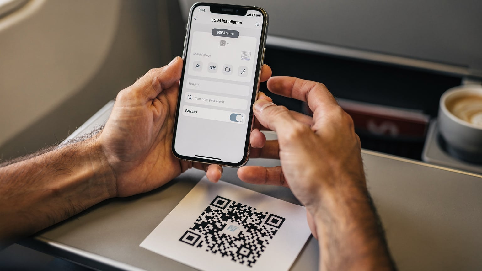 O pereche de mâini masculine ține un smartphone, afișând ecranul de setări pentru instalarea unui eSIM, cu un QR code pe o foaie de hârtie în prim-plan. Se vede o ușoară estompare a fundalului, sugerând un interior de avion sau o cafenea liniștită.