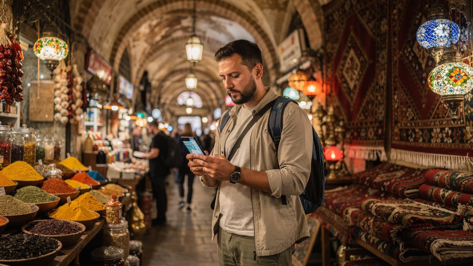 Un călător folosește o aplicație de hărți pe telefonul său, navigând prin aglomerația vibrantă a Marelui Bazar din Istanbul, printre tarabe pline de condimente și textile colorate. Lumina ambientală caldă dă o senzație autentică de bazar.