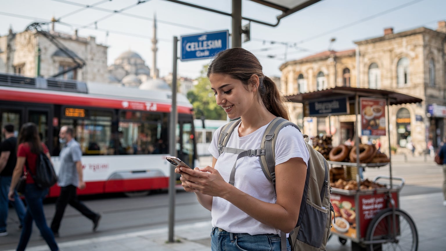 O călătoare navighează prin aplicația Cellesim pe telefonul ei, în timp ce așteaptă un tramvai T1 în zona istorică Eminönü din Istanbul, cu o privire de satisfacție pe față.