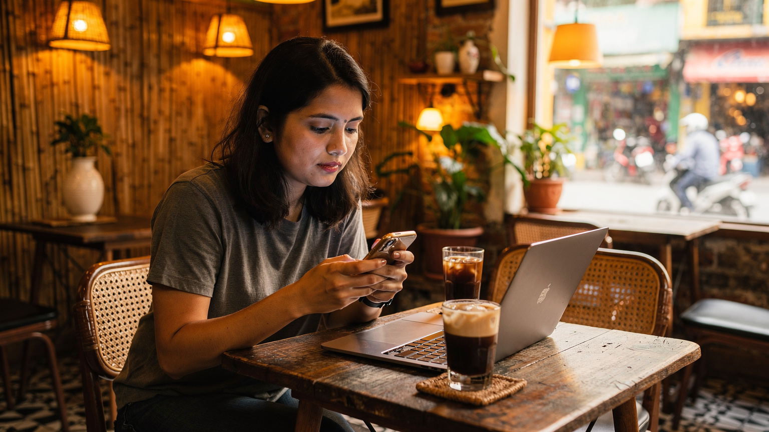 एक भारतीय यात्री वियतनाम के एक कैफे में बैठकर अपने iPhone में मैन्युअल रूप से eSIM जानकारी दर्ज कर रहा है, उसके लैपटॉप पर Cellesim वेबसाइट खुली हुई है।