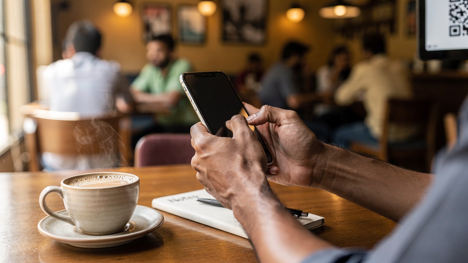 एक भारतीय यात्री अपने iPhone पर Cellesim ऐप से eSIM खरीदने के बाद QR कोड स्कैन करने की तैयारी कर रहा है, उसके सामने एक कप चाय और नोटबुक रखी है।