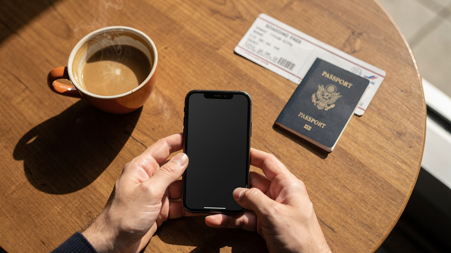 Gros plan sur les mains d'un voyageur tenant un iPhone et une tasse de café, avec un billet d'avion et un passeport posés sur une table de café en bois, suggérant la préparation d'un voyage.