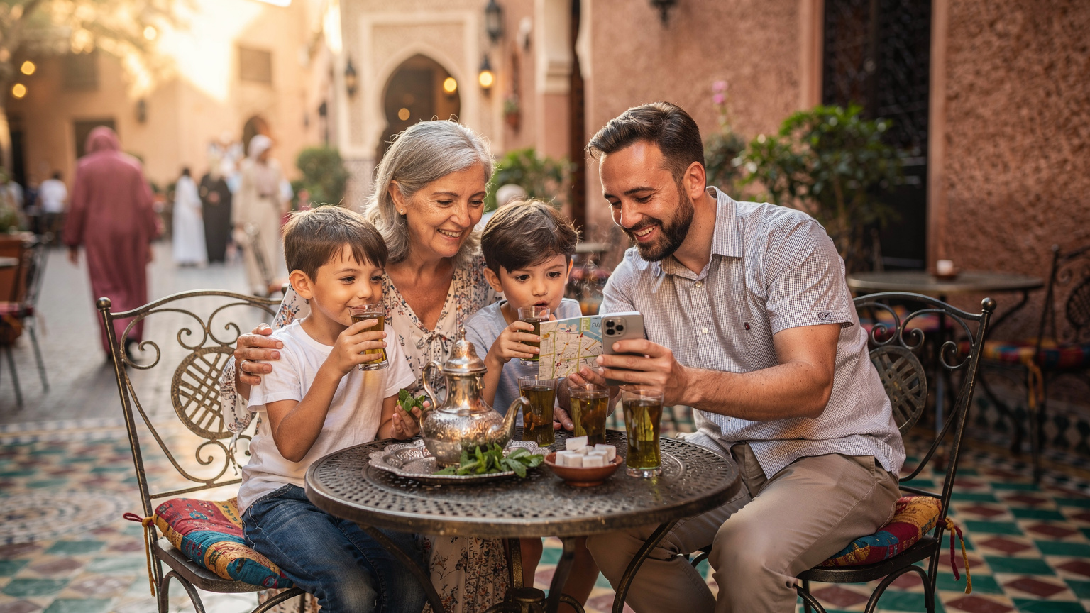 Une famille, composée de deux adultes et deux enfants (4-12 ans), est assise sur une terrasse de café animée à Marrakech, sirotant du thé à la menthe et consultant une carte sur un iPhone, l'ambiance est conviviale et chaleureuse.