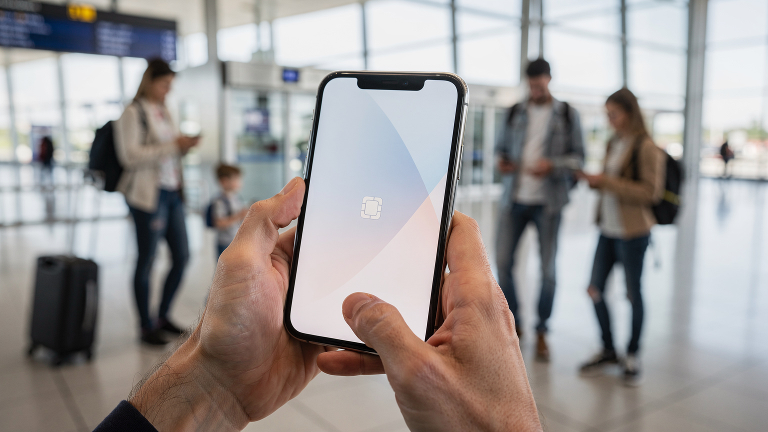 Eine Nahaufnahme eines Smartphones, das eine eSIM-Installationsseite anzeigt, gehalten von Händen. Im Hintergrund sind verschwommen ein deutsches Paar mit ihren Kindern am Flughafen Frankfurt zu sehen, wie sie ihre Handys überprüfen, bevor sie zum Gate gehen.