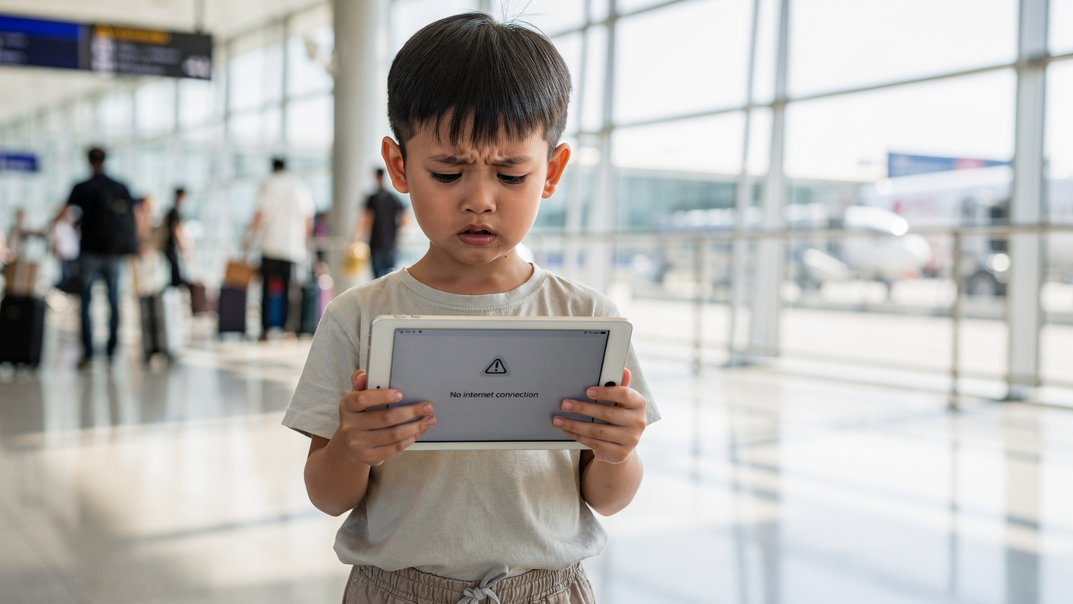 Ein Kind, etwa 9 Jahre alt, hält ein iPad in den Händen und blickt besorgt auf den Bildschirm, der eine Meldung über eine fehlende Internetverbindung oder geringes Datenvolumen anzeigt. Die Szene spielt in einem geschäftigen, sonnigen Flughafen-Terminal in Bangkok, Thailand.