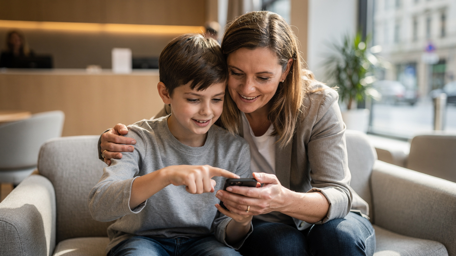 Eine Mutter und ihr 10-jähriger Sohn überprüfen gemeinsam ein Smartphone mit einer Reise-eSIM-App. Der Sohn zeigt auf den Bildschirm und die Mutter lächelt, während sie eine digitale Karte studieren.