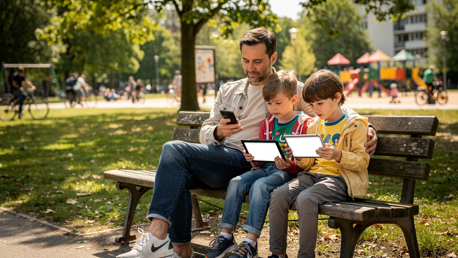 Ein Vater sitzt mit seinen zwei Kindern, 6 und 8 Jahre alt, auf einer Parkbank in einem belebten Stadtpark in Berlin. Die Kinder spielen auf ihren Tablets, während der Vater auf seinem Smartphone eine App für die Bildschirmzeit-Kontrolle checkt.