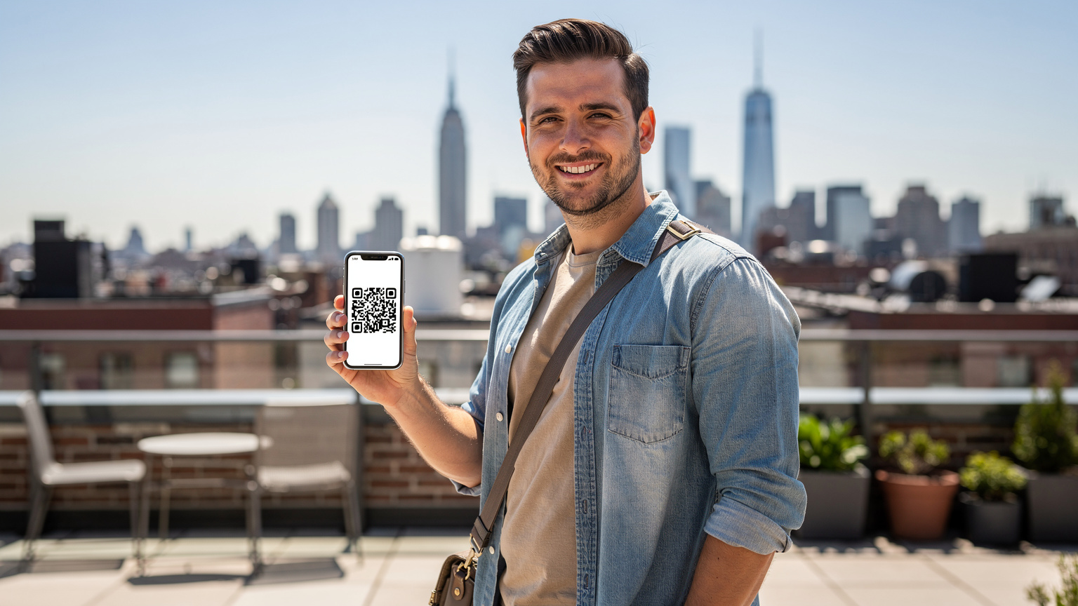 Cestovatel s úsměvem drží telefon s eSIM QR kódem, připraven na aktivaci uprostřed panorámy New Yorku.