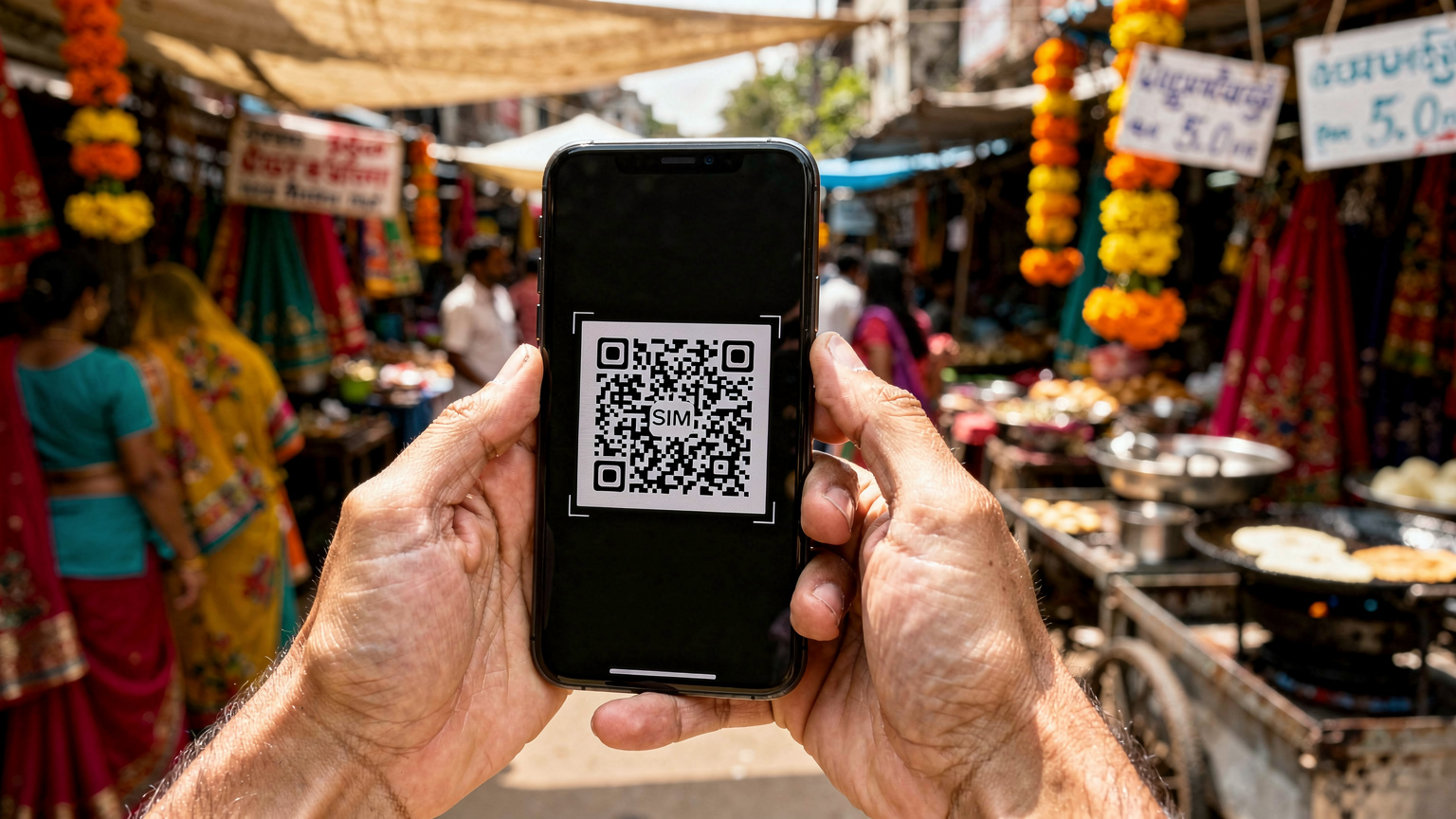एक व्यक्ति अपने स्मार्टफोन पर eSIM QR कोड स्कैन कर रहा है, जिसके पीछे एक व्यस्त भारतीय बाज़ार की हलचल है.