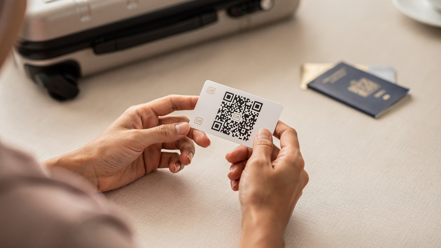 Tangan seorang ibu Indonesia sedang memegang ponselnya, memindai QR code aktivasi eSIM, dengan latar belakang koper dan paspor di meja kamar hotel yang rapi.