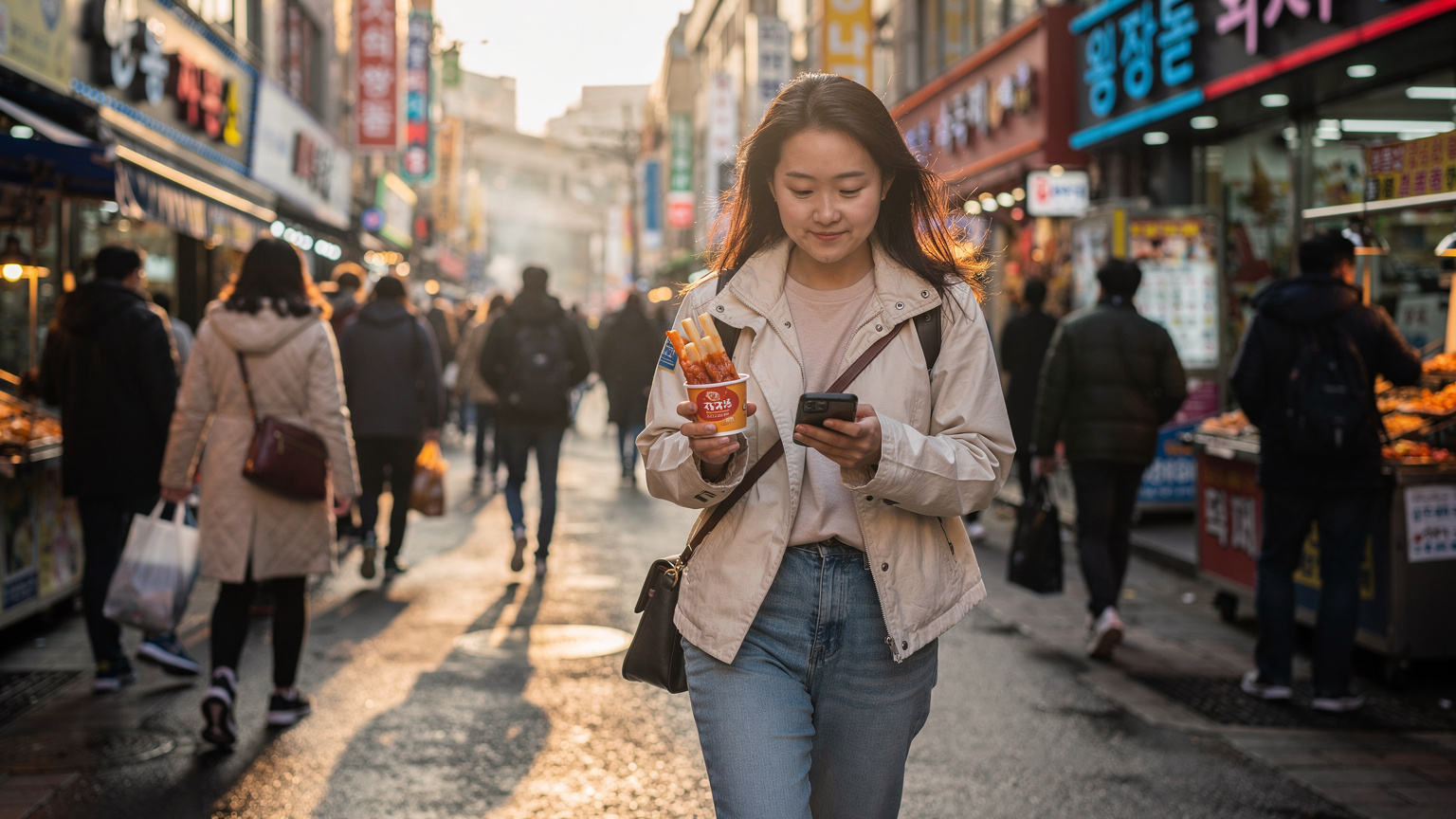 一名中国游客在首尔明洞街头,一边享用街头小吃,一边快速浏览手机上的信息,背景是繁忙的商业街和韩文招牌。