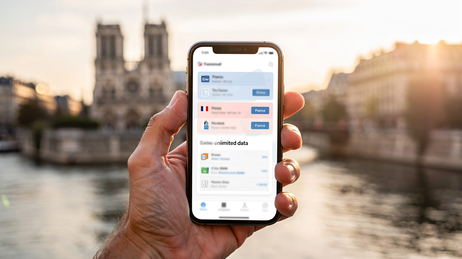 Une main adulte tenant un smartphone avec l'application Cellesim ouverte, montrant différents plans eSIM pour la France, avec des options de données illimitées mises en évidence, devant un arrière-plan flou de la Seine et de Notre-Dame.