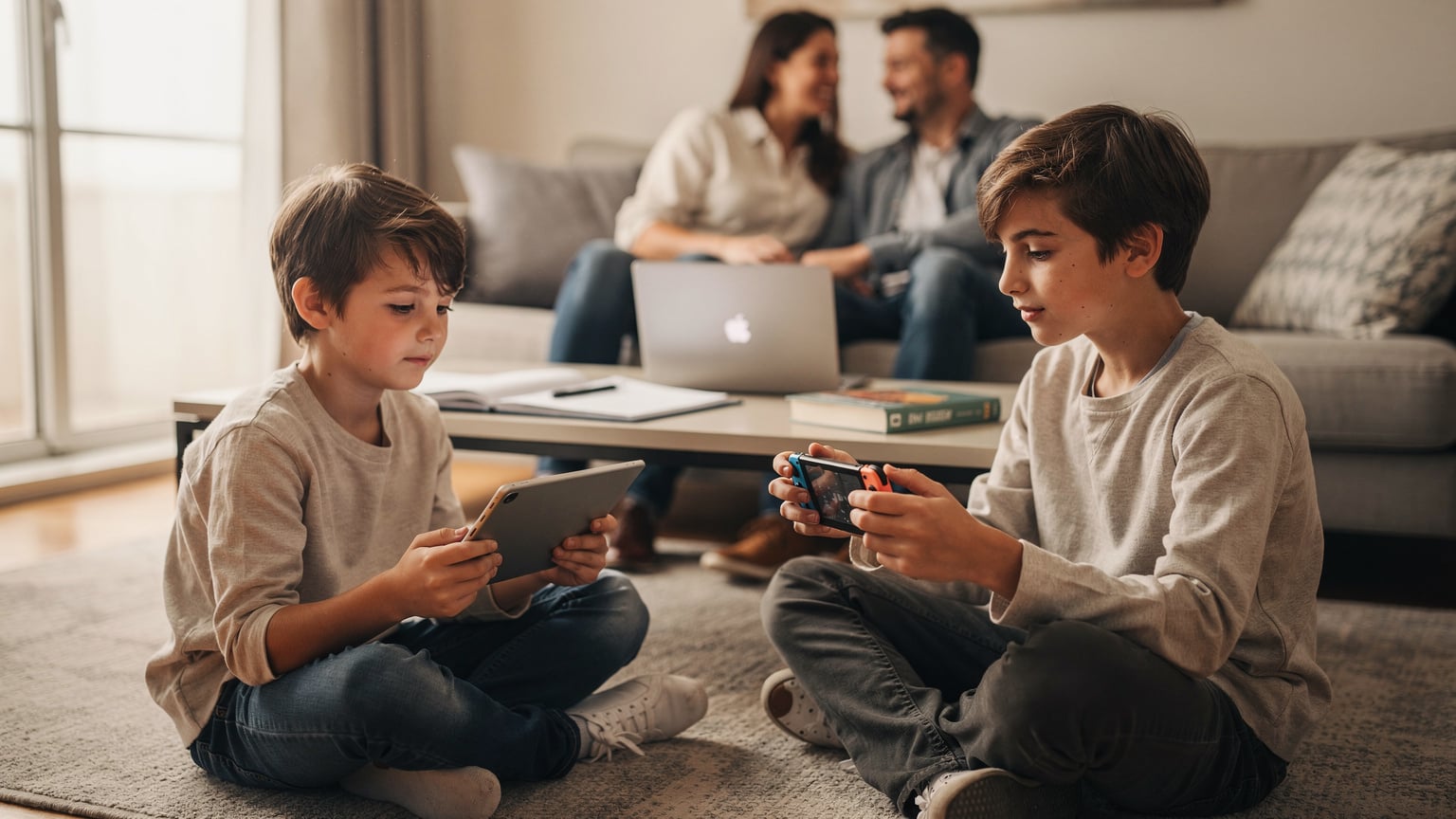 Une famille en train de préparer leurs appareils, téléchargeant des films et des jeux sur leurs tablettes et smartphones avant un voyage, dans le confort de leur salon.