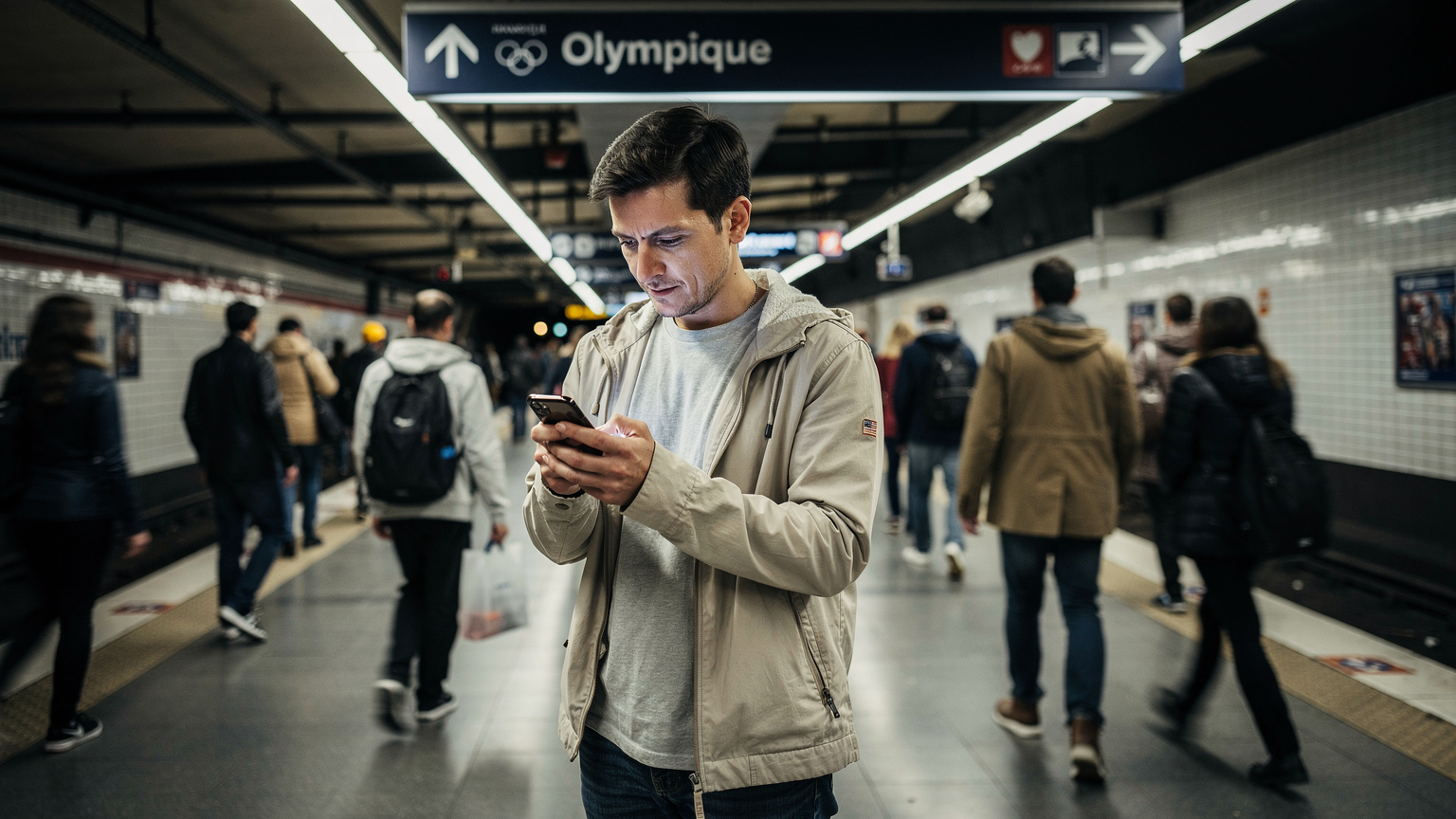 Un voyageur avec un smartphone à la main, vérifiant la connexion réseau dans une station de métro parisienne animée, avec des panneaux indiquant les directions des sites olympiques en arrière-plan.