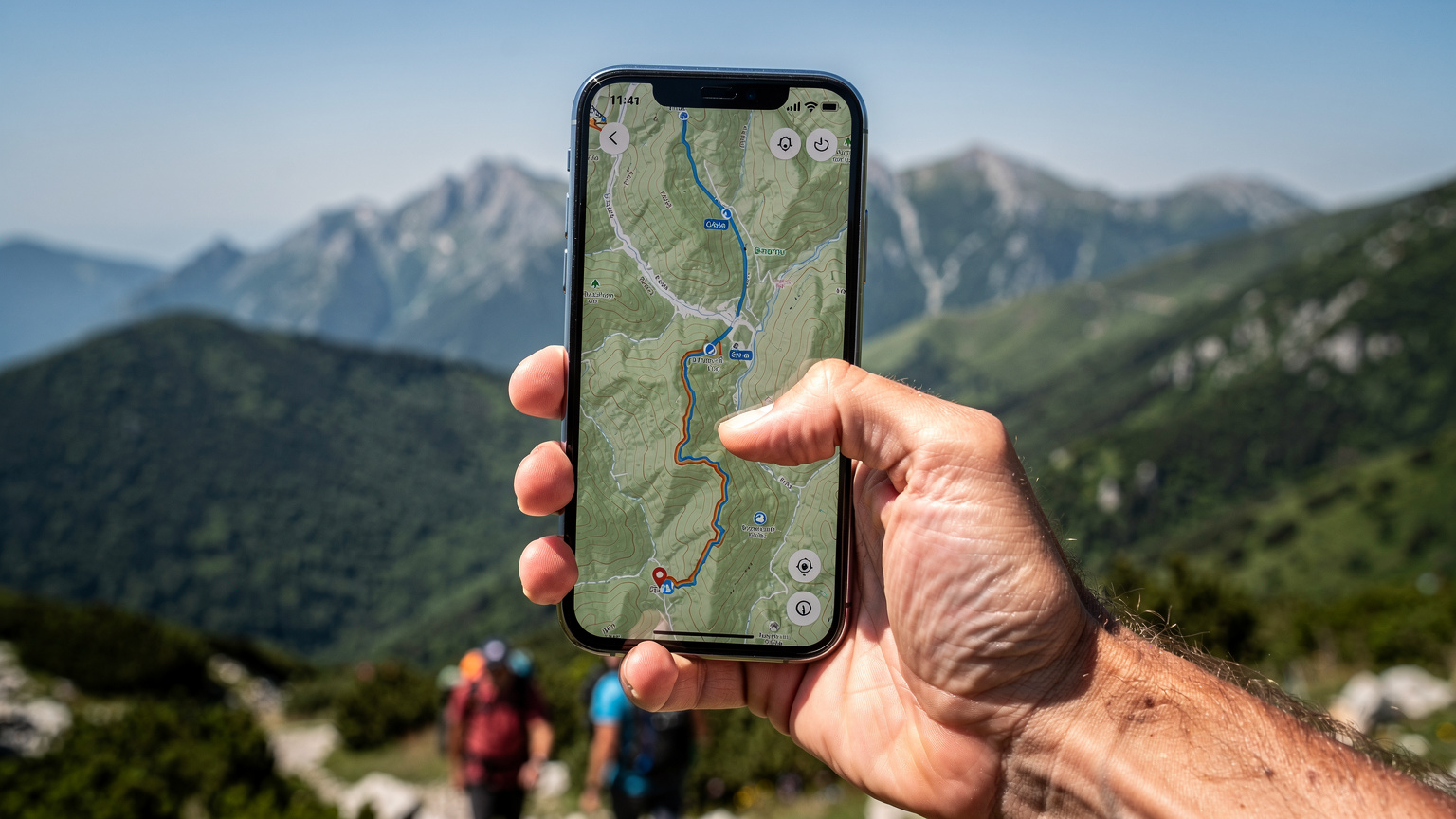 Ένα χέρι κρατά ένα smartphone με την εφαρμογή AllTrails ανοιχτή, δείχνοντας ένα μονοπάτι σε έναν ορεινό χάρτη, ενώ στο βάθος φαίνεται ένα καταπράσινο ελληνικό τοπίο με βουνά και δάση.