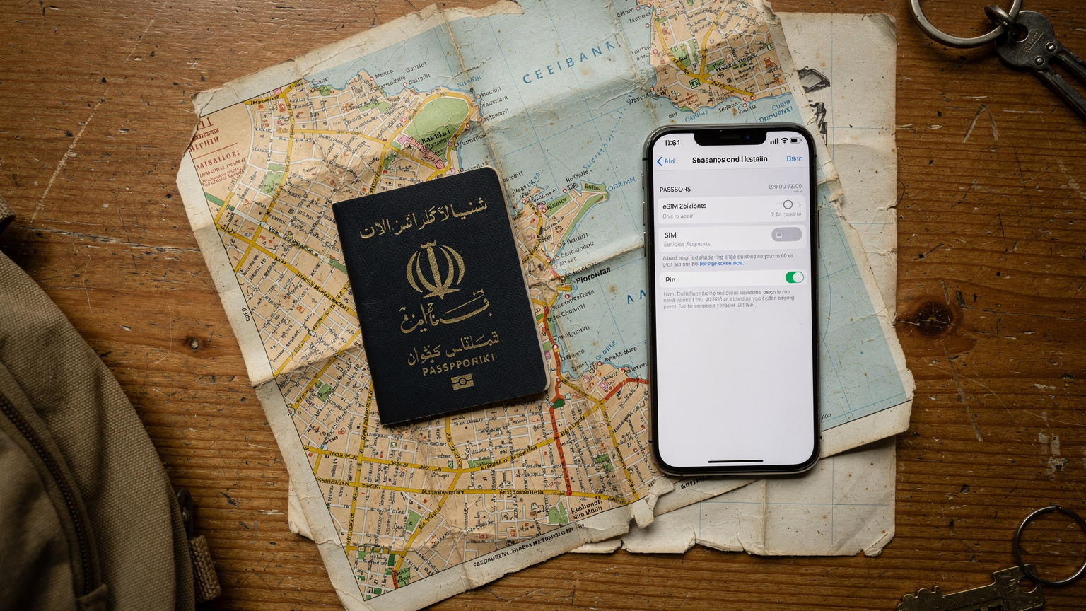یک پاسپورت ایرانی، یک گوشی هوشمند با صفحه تنظیمات eSIM و یک نقشه کاغذی قدیمی از سالونیک، یونان، روی میز یک هاستل ارزان.