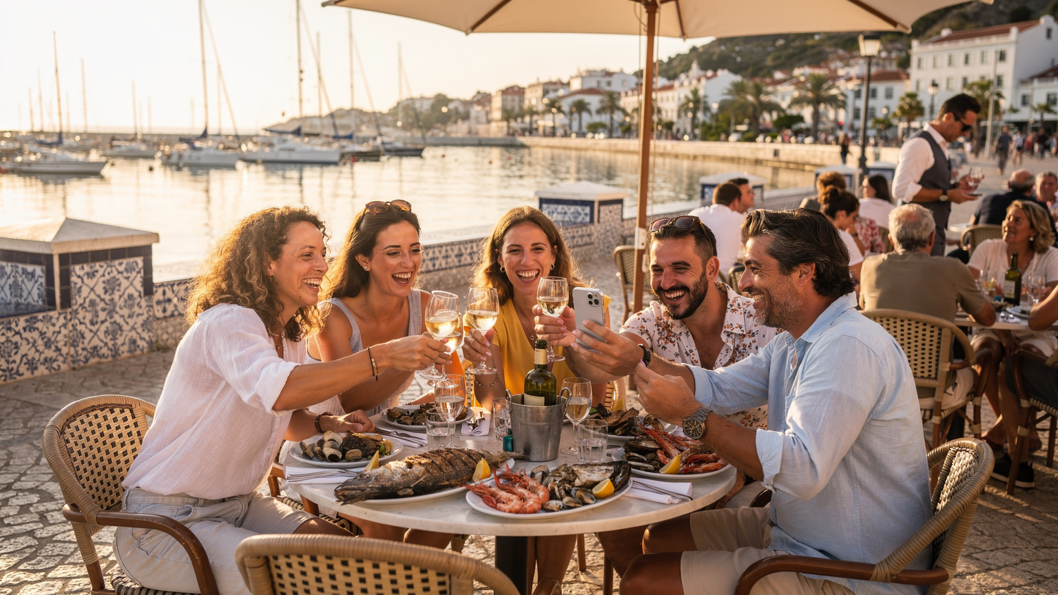 Um grupo de amigos sentados numa esplanada movimentada em Cascais, Portugal, usa os seus iPhones para tirar fotos e partilhar momentos, com pratos de marisco e copos de vinho na mesa.