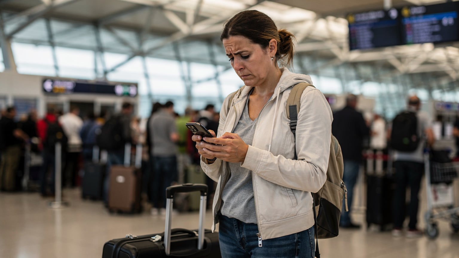 Uma mulher desapontada olha para o seu iPhone 18, que exibe uma mensagem de 'Sem Serviço', enquanto espera numa fila longa e movimentada no Aeroporto de Lisboa, com a bagagem ao lado.
