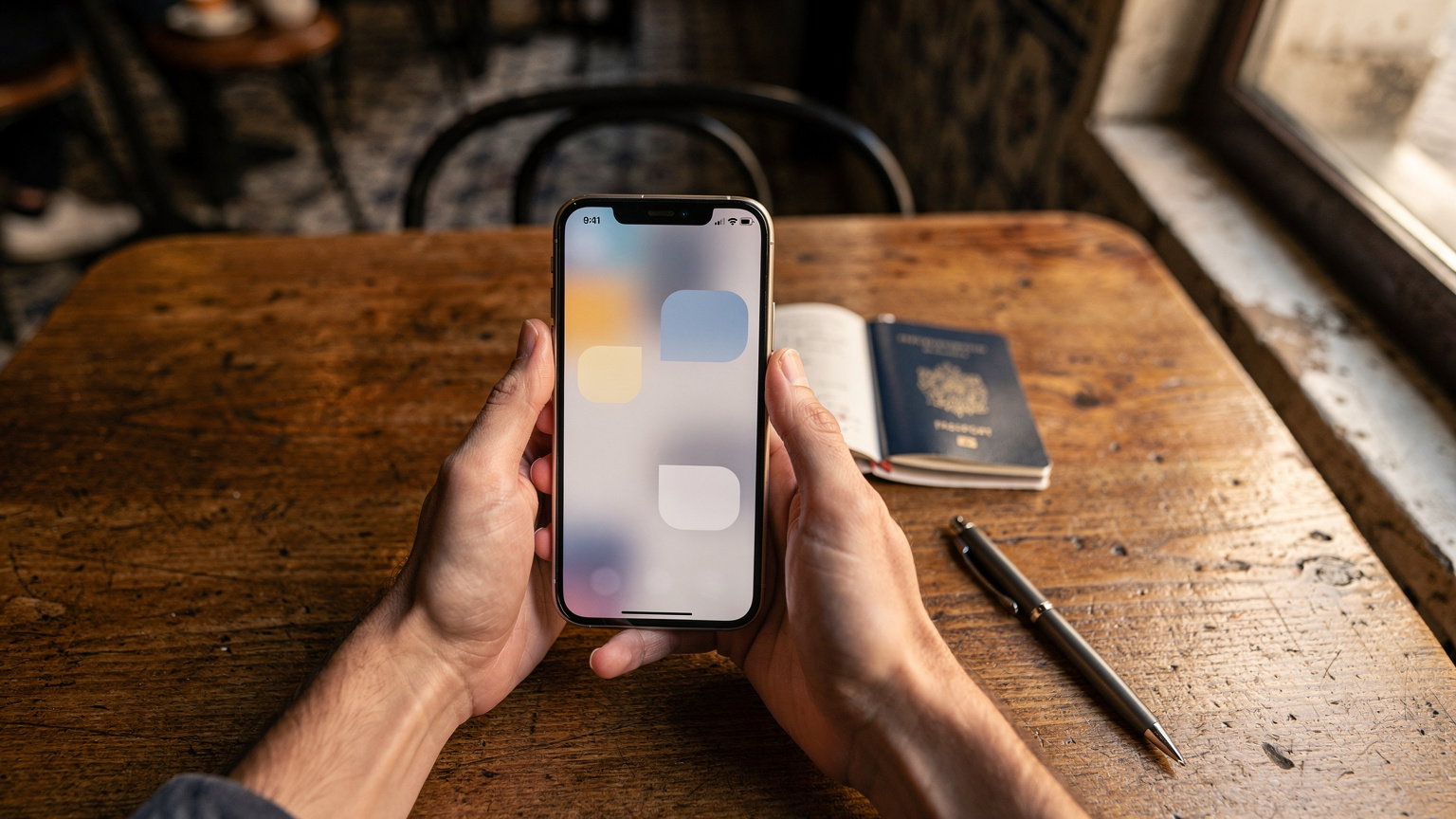 As mãos de um viajante seguram um iPhone 18, mostrando o ecrã com as configurações de rede, enquanto uma caneta e um passaporte estão sobre uma mesa de madeira num café em Lisboa.