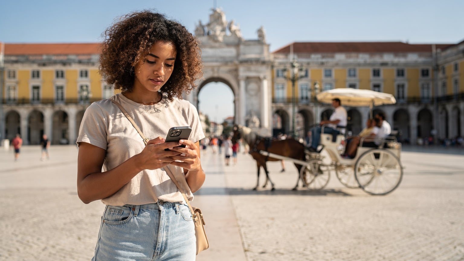 Uma mulher jovem, com cabelos cacheados, consulta o seu iPhone 18 na Praça do Comércio, em Lisboa, enquanto uma carruagem turística passa ao fundo.