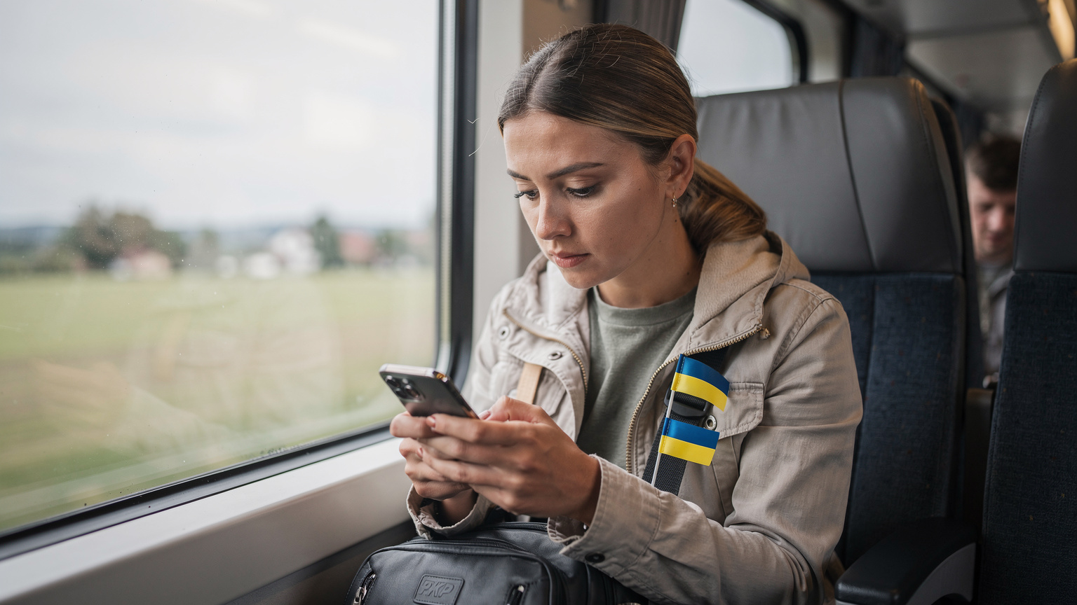 Жінка з України, яка щойно перетнула кордон до Польщі на поїзді, перевіряє свій смартфон, щоб переконатися, що її eSIM працює.
