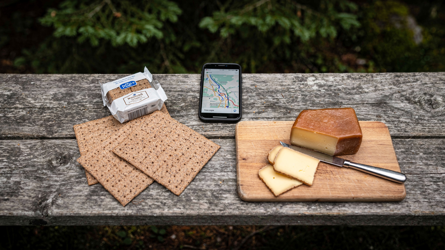 Een close-up van een pakje knäckebröd, een pakje geitenkaas en een smartphone met een routekaart, liggend op een picknicktafel met uitzicht op een Zweeds bos, wat de essentie van een roadtrip maaltijd vastlegt.