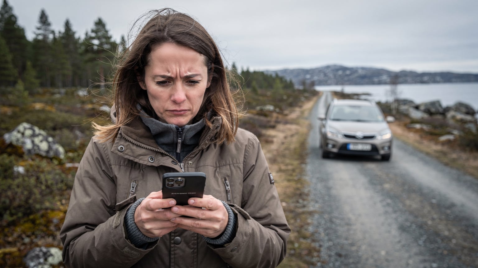 Een gefrustreerde reiziger kijkt naar haar smartphone in een afgelegen Scandinavisch landschap, met een 'geen service' icoontje op het scherm, haar auto in de verte op een onverharde weg.