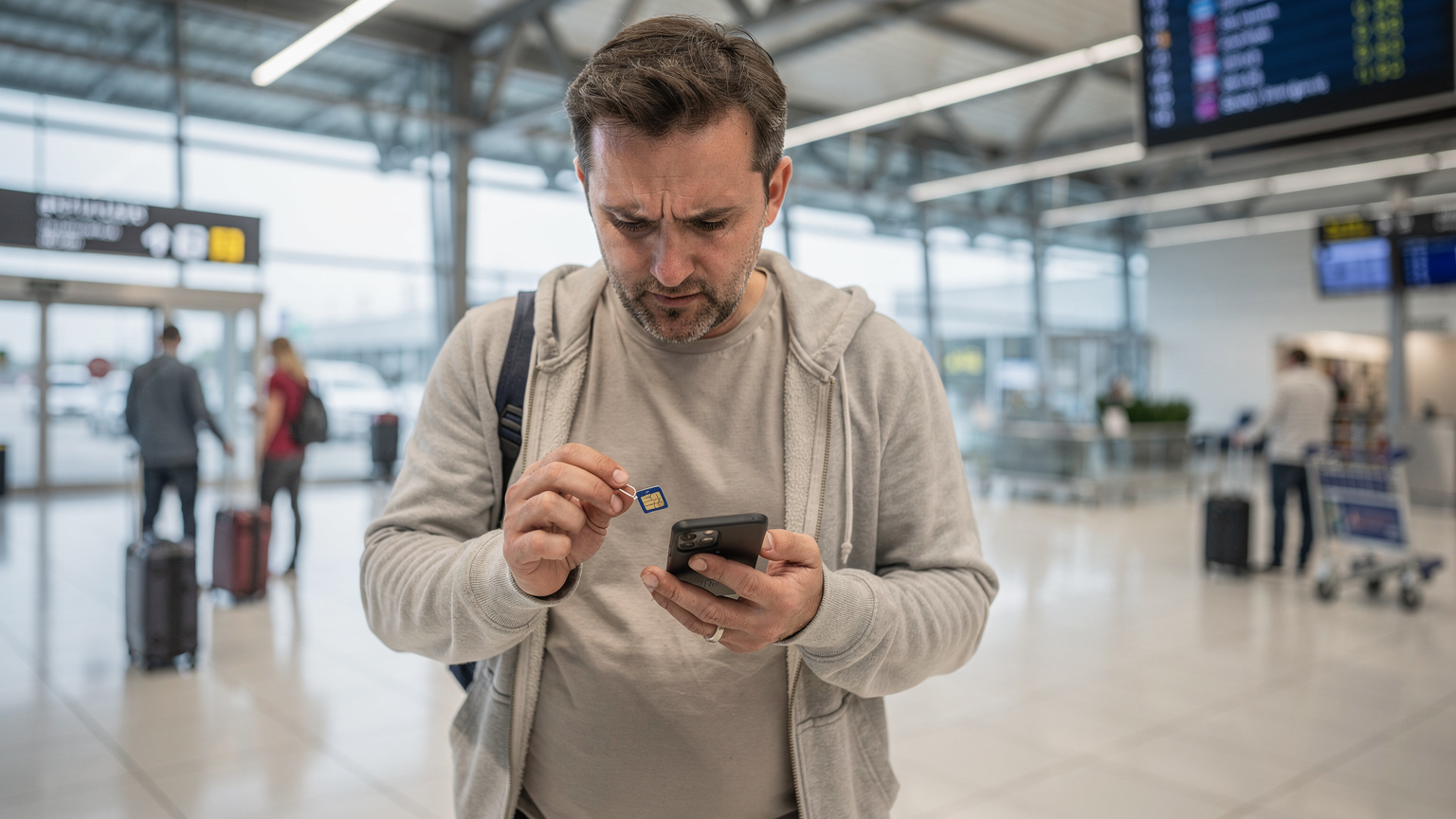 Ein Reisender am Flughafen in Ljubljana, Slowenien, blickt besorgt auf sein Smartphone, das einen schlechten Empfang anzeigt, während er versucht, eine lokale SIM-Karte zu installieren.