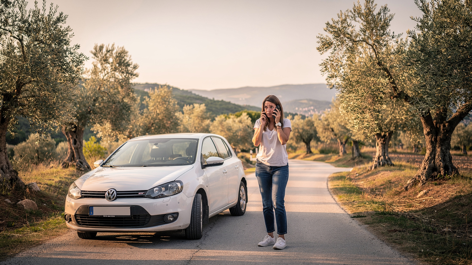 Eine junge Frau steht vor einem Mietwagen mit einer Reifenpanne auf einer ländlichen Straße in Kroatien und telefoniert besorgt mit ihrem Smartphone, während im Hintergrund Olivenhaine und sanfte Hügel zu sehen sind.