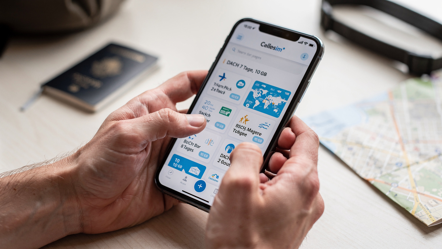 Nahaufnahme von Händen, die ein Smartphone halten, auf dem eine Cellesim-App mit verschiedenen Datenpaketen für Reisen angezeigt wird.